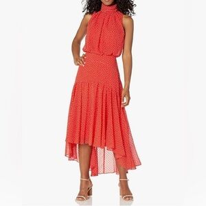 NEW Taylor Sleevless Halter Neck Polka Dot HighLow Chiffon Blouson Coral Dress 2